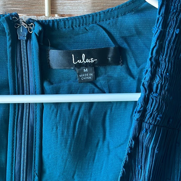 Lulus Tier to Please Dark Teal Puff Sleeve Swiss Dot Midi Dress M - Picture 7 of 8